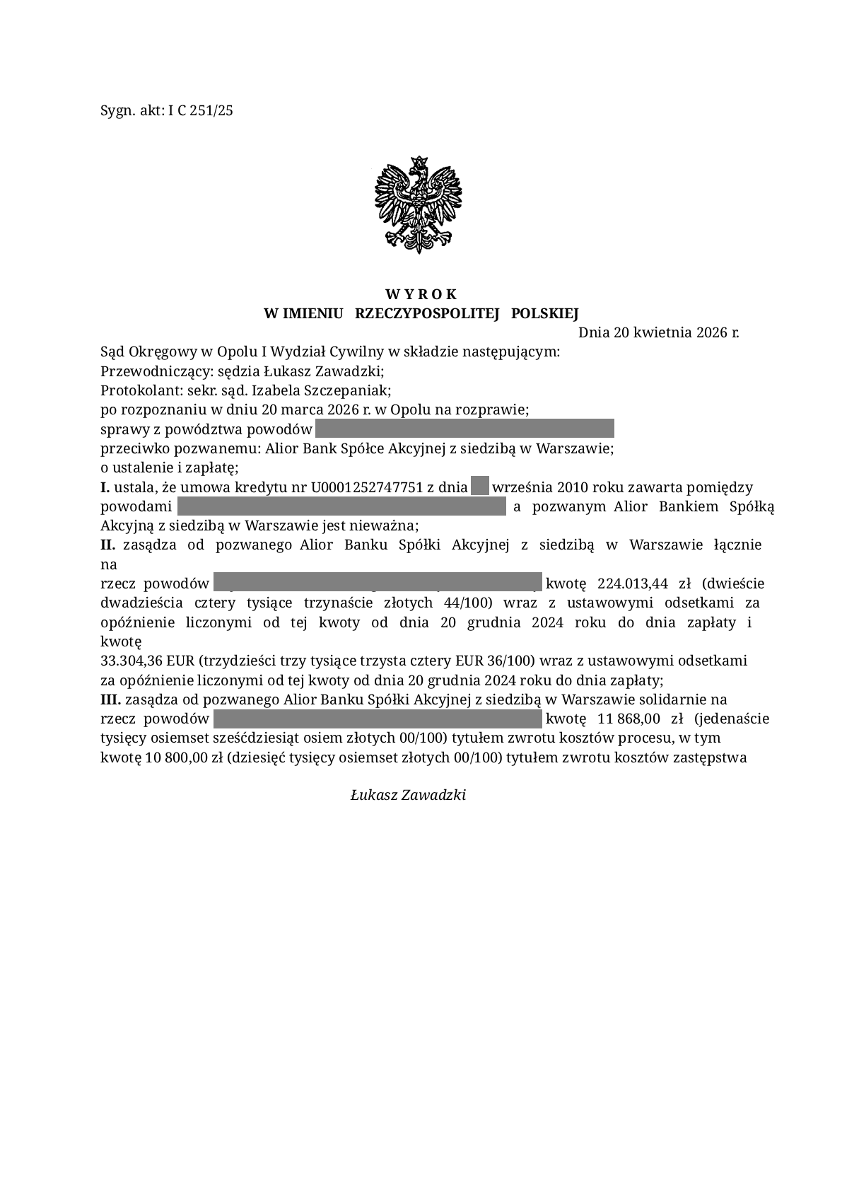 Wyrok Sądu Okręgowego w Opolu, sygn. I C 251/25 z 20 kwietnia 2026 — nieważność umowy kredytu EURO Alior Bank