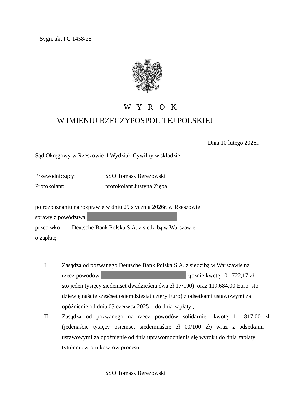 Wyrok Sądu Okręgowego w Rzeszowie, sygn. I C 1458/25 z 10 lutego 2026 — sprawa przeciwko Deutsche Bank Polska