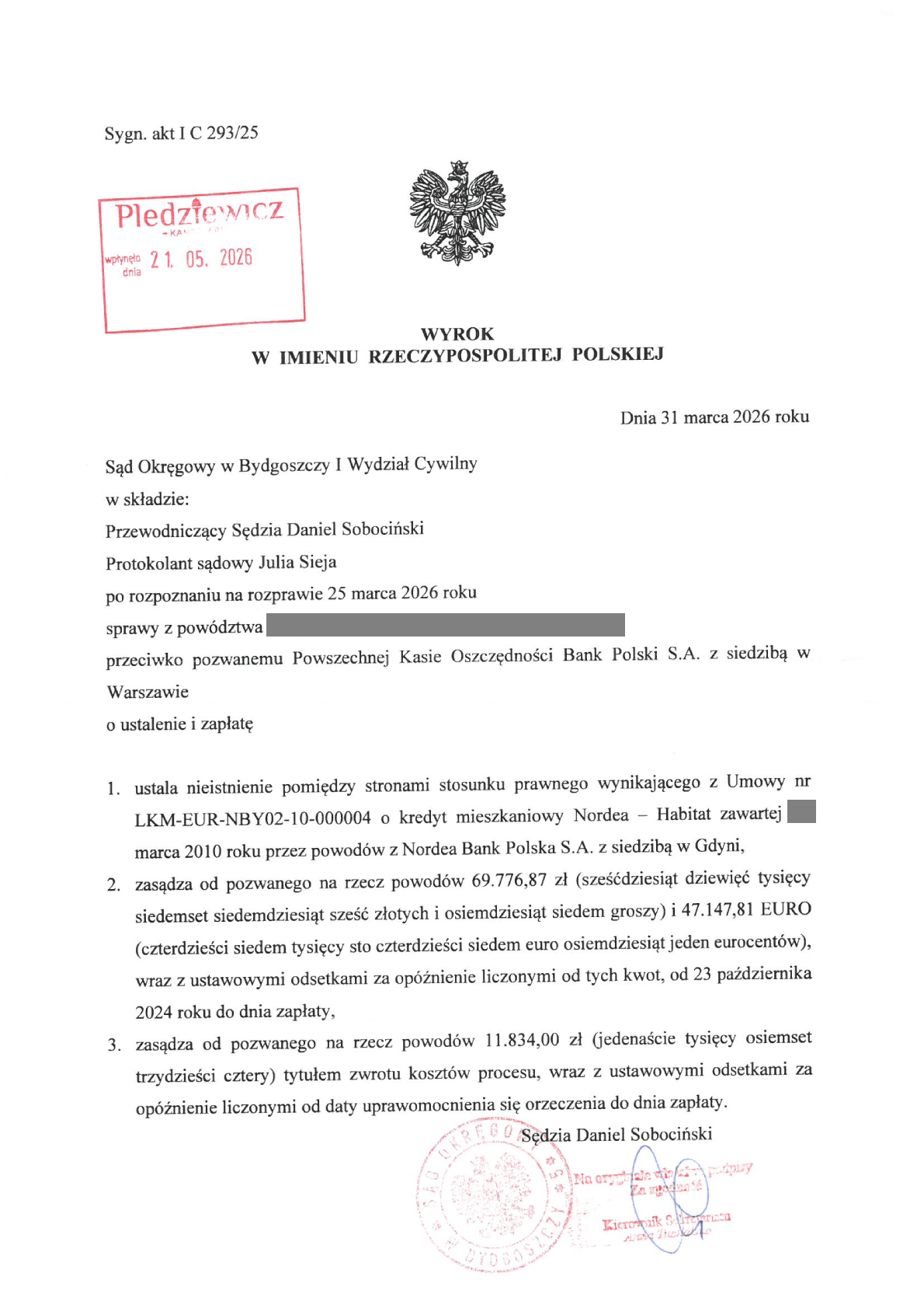 Wyrok Sądu Okręgowego w Bydgoszczy, sygn. I C 293/25 z 31 marca 2026 — nieważność umowy kredytu Nordea Habitat przejętej przez PKO BP