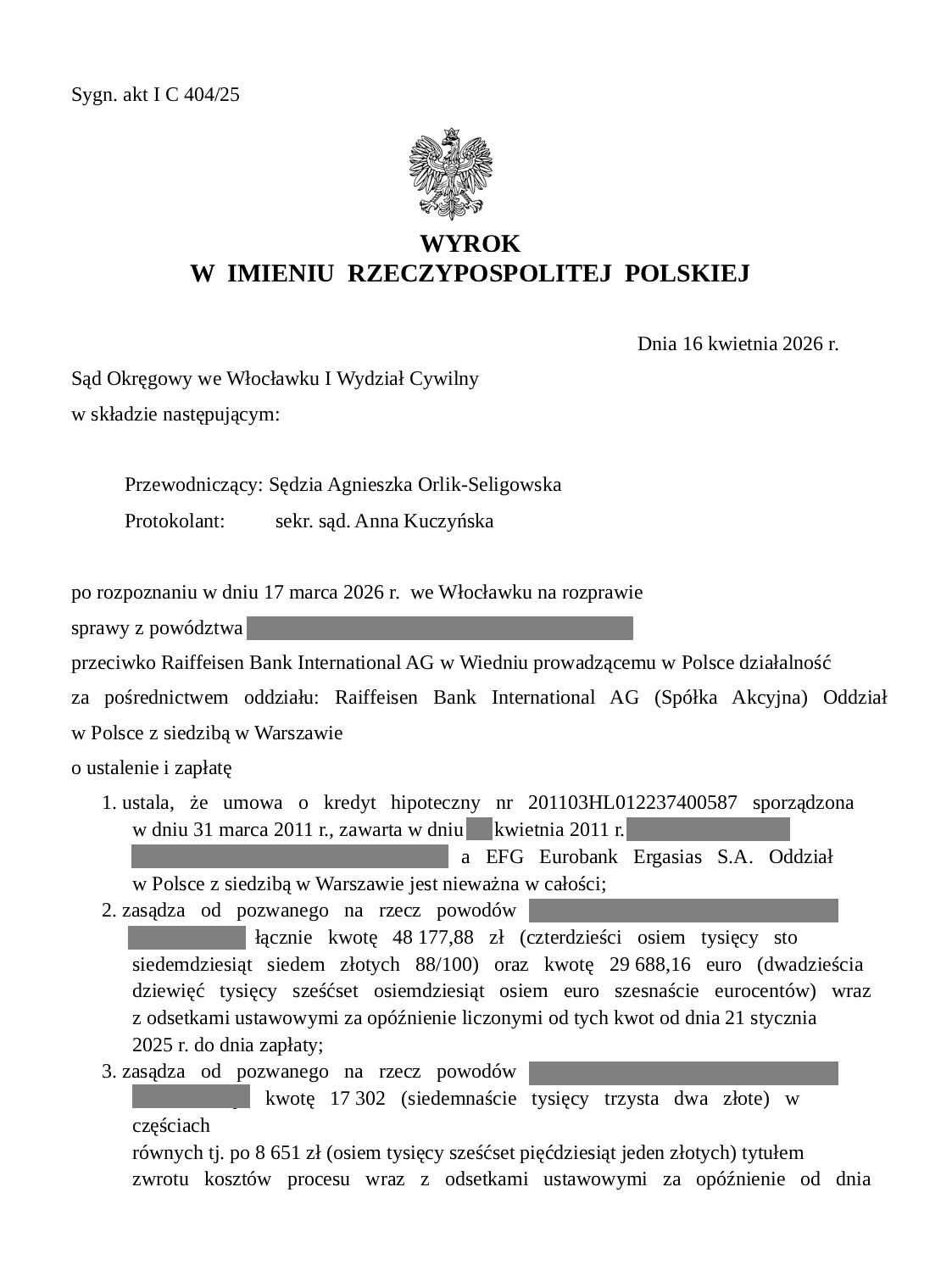 Wyrok Sądu Okręgowego we Włocławku, sygn. I C 404/25 z 16 kwietnia 2026 — nieważność umowy kredytu EURO z Raiffeisen