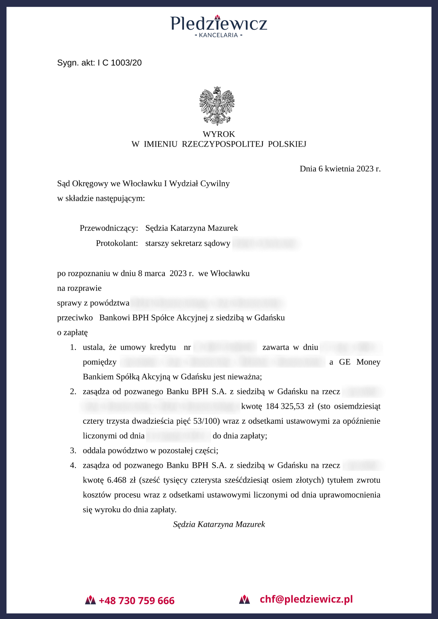 Przykładowy wyrok sądowy w sprawie kredytu frankowego