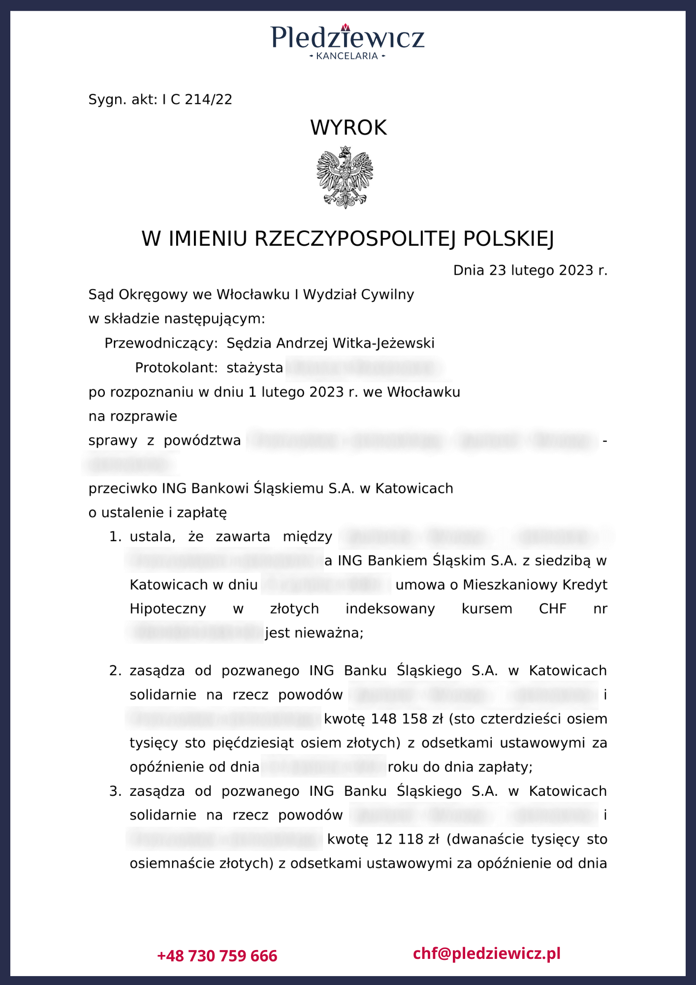 Przykładowy wyrok sądowy w sprawie kredytu frankowego