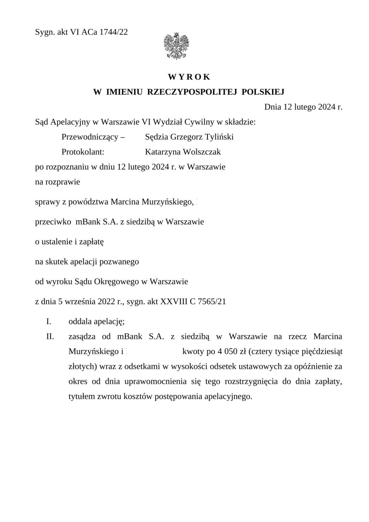 Wyrok II instancji - Sąd Apelacyjny oddalił apelację banku