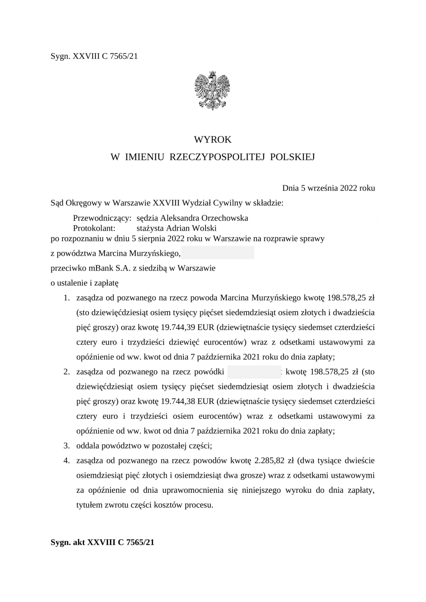 Wyrok I instancji - Sąd Okręgowy unieważnił umowę kredytu EURO