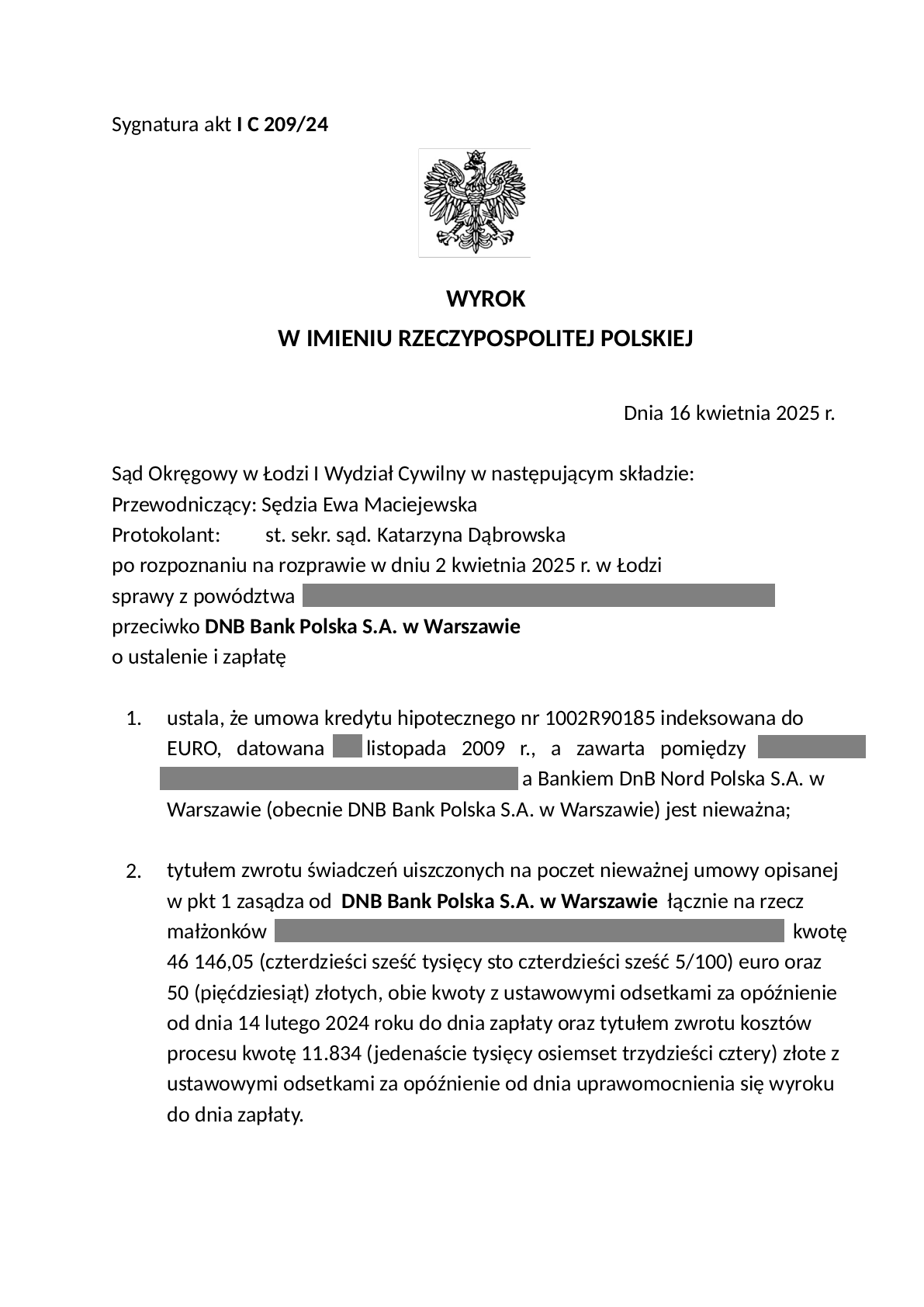 Wyrok Sądu Okręgowego w Łodzi, sygn. I C 209/24 z 16 kwietnia 2025 — nieważność umowy kredytu EURO DNB Bank Polska (dawniej DnB Nord)