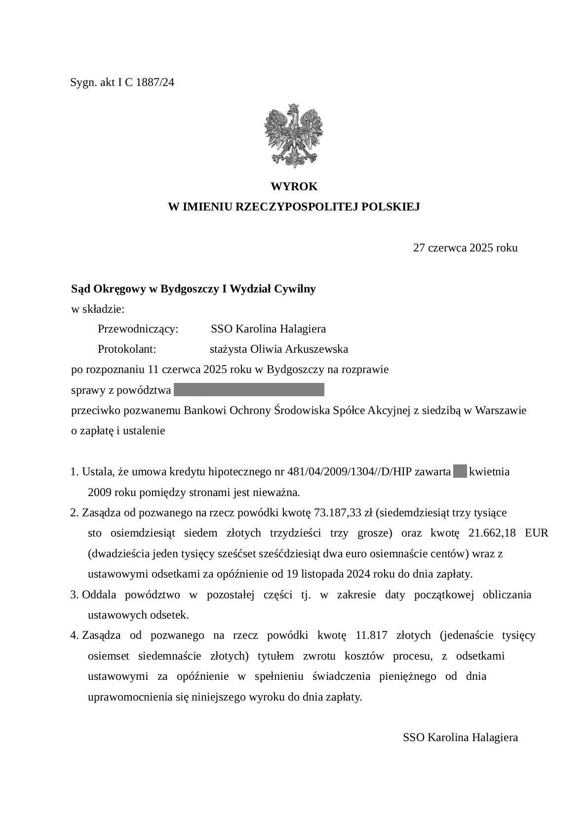 Wyrok Sądu Okręgowego w Bydgoszczy, sygn. I C 1887/24 z 27 czerwca 2025 — nieważność umowy kredytu EURO BOŚ Bank (Bank Ochrony Środowiska)