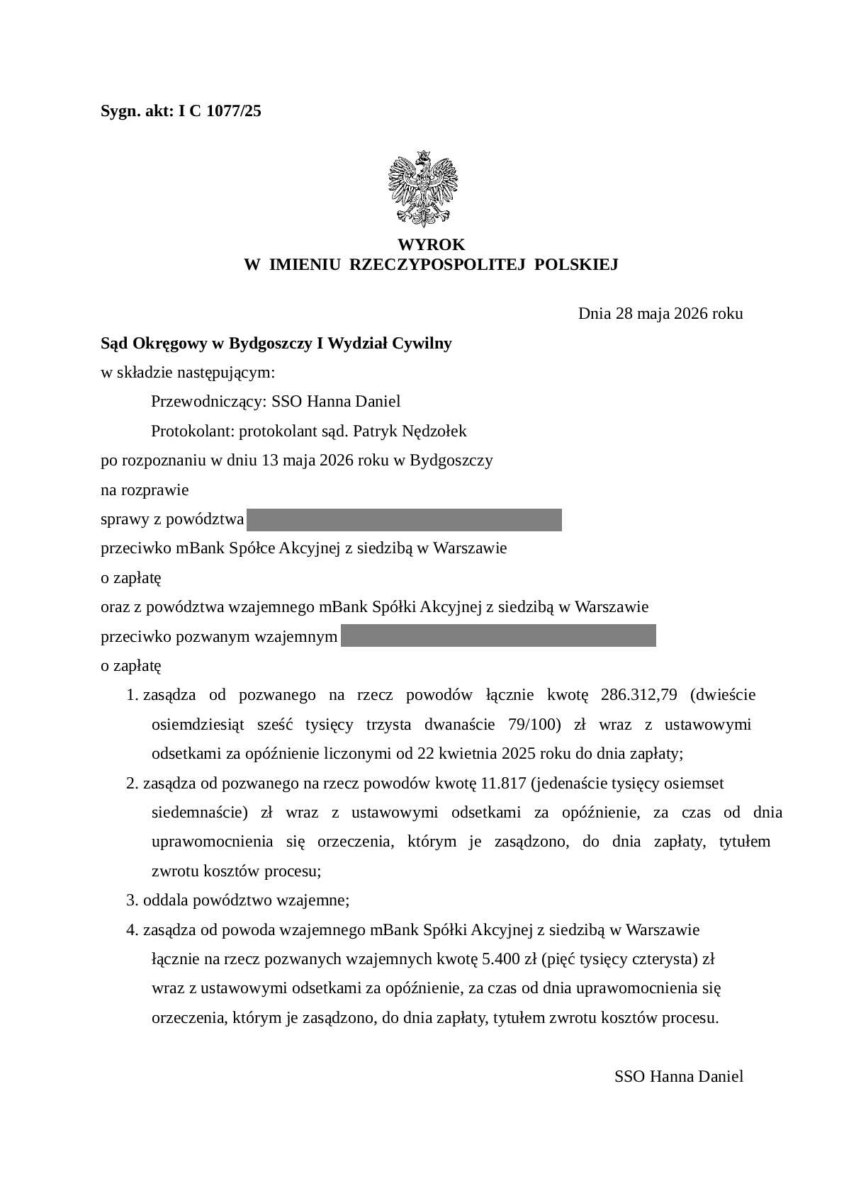 Wyrok Sądu Okręgowego w Bydgoszczy, sygn. I C 1077/25 z 28 maja 2026 — sprawa przeciwko mBank S.A.